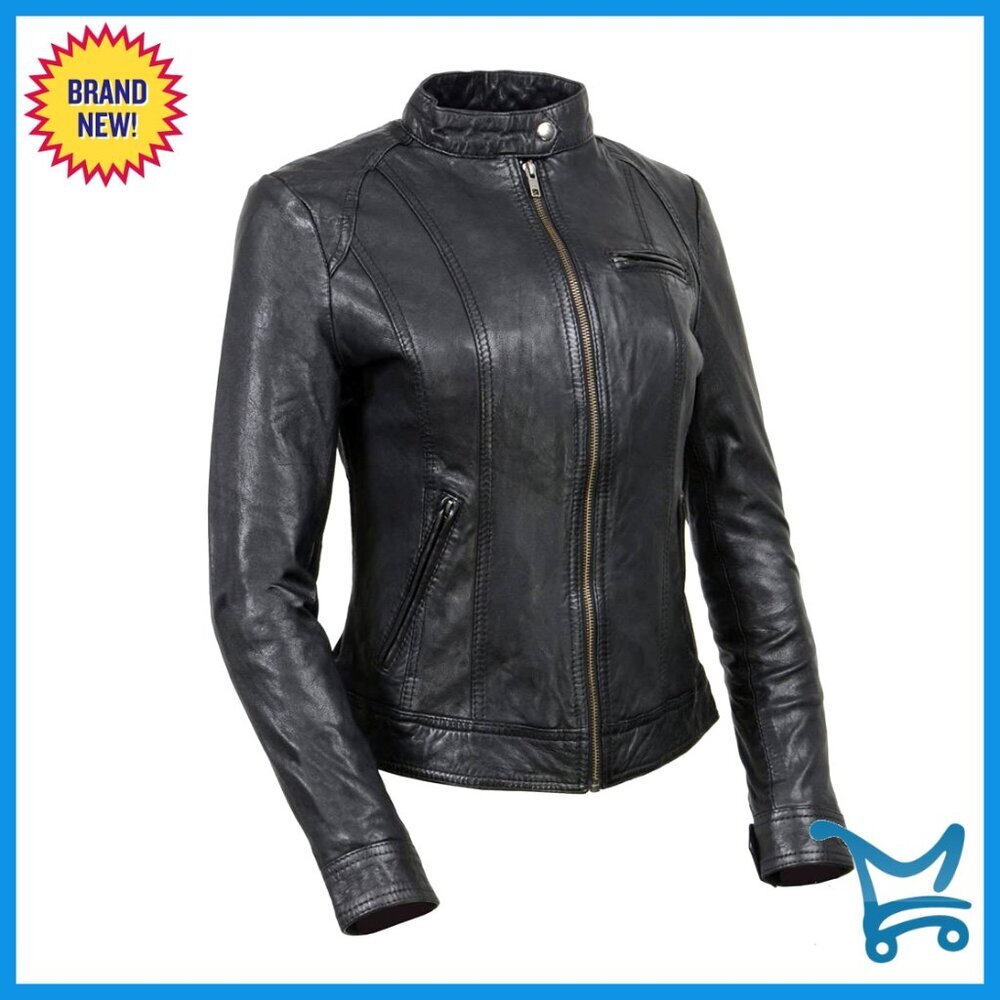 Women's Leather Motorcycle Jacket Zipper Front Snap Cuffs